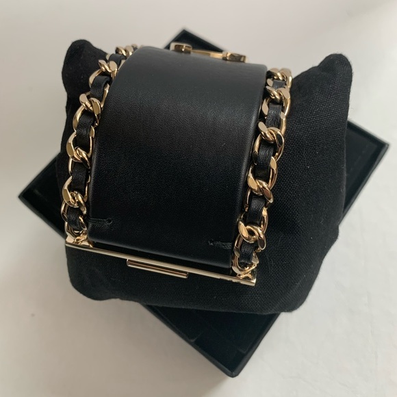 CHANEL Black Lambskin Leather Cuff Bracelet Gold Chain Trim - Picture 5 of 9